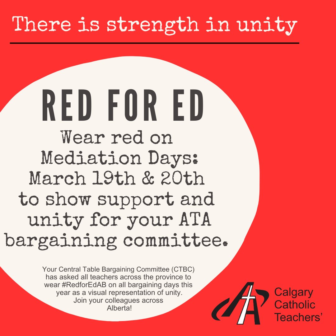 🚨 Wear Red Tomorrow &amp; March 20! 🚨

Show your support for ATA bargaining by wearing RED on mediation days! 🔴👕 Let's stand together in solidarity &amp; unity!

📅 March 19 &amp; 20 – Wear Red for Ed &amp; show your strength!

Use #RedForEdAB to show your support! ❤️💪 #ATALocal55 #weareATA