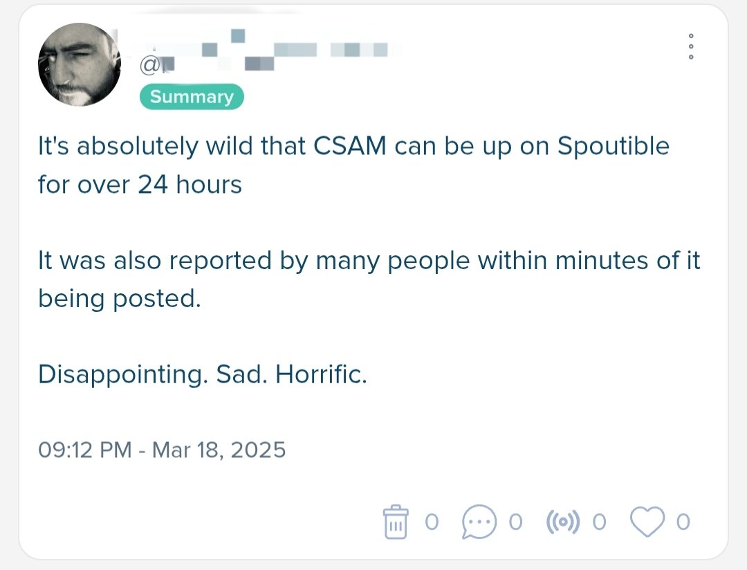 abouzy_'s tweet image. Even though it&apos;s been over 24h since Spoutans spotted and reported CP content on #Spoutible... 
It&apos;s still there 🤮