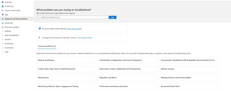 NikoNeugebauer's tweet image. [observation] An essential part of the observability is to be able Diagnose and solve problems - and there is a tool for that.
It lists recent Azure Health Events, any eventual configuration changes, &amp;amp; 15 tools and guides (with videos).
#ObservAbility #azuresql #sqlmi