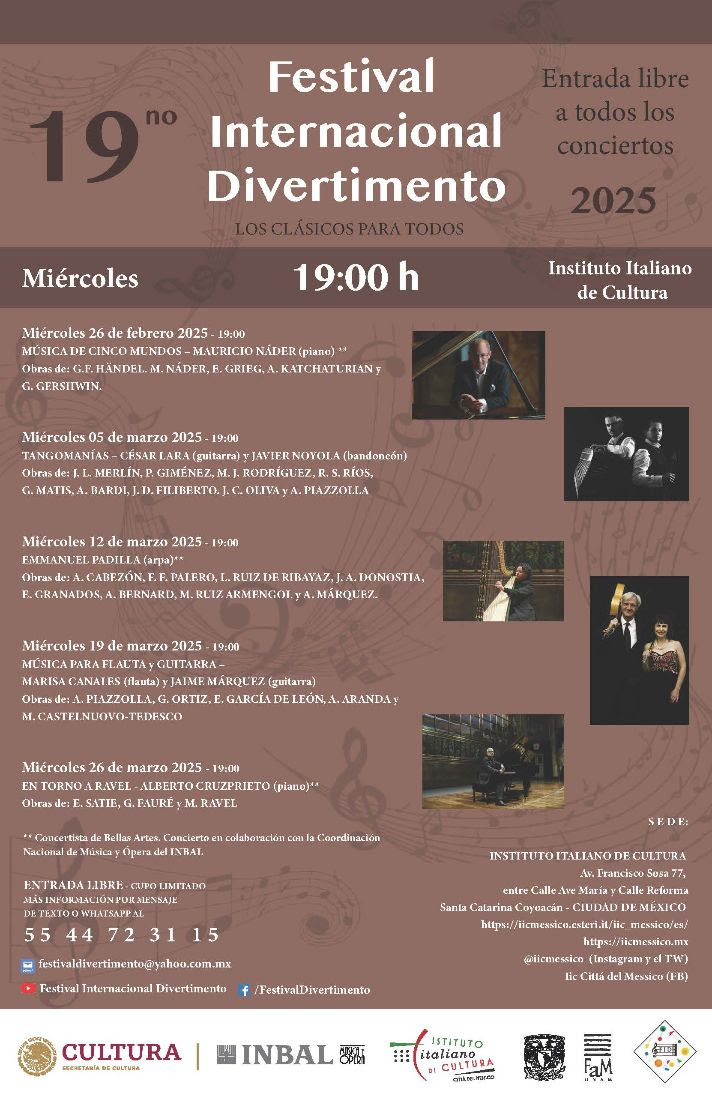 PrismaRU's tweet image. #Melomanía |  La maestra Monique Rasetti, nos invita al 4o Concierto del XIX Festival #Divertimento. 

📍 Instituto Italiano de Cultura 
📅 Miércoles 19 de marzo 
🎟️Entrada libre
#RelatamosAlMundo🌎 #RadioUNAM 96.1FM📻