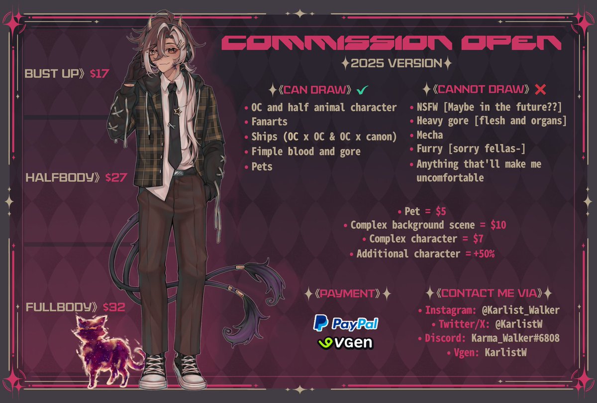 KarlistW's tweet photo. FINALLY UPDATING MY COMMS SHEET AGAIN ‼️‼️⭐✨✨💖💫 (For this year) 

#VGenOpen #VGen #commissionsopen #commissionart #digitalart #illustration #art #chibi https://t.co/j5ev5yE4zO
