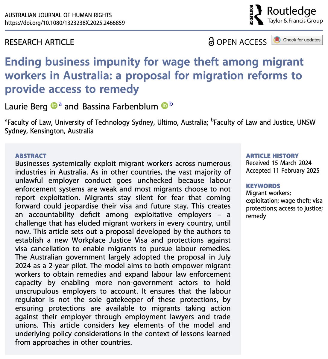 Ending business impunity for wage theft among migrant workers in Australia: a proposal for migration reforms to provide access to…

@LaurieABerg <a href="/BassinaF/">Bassina Farbenblum</a>

🔓→ doi.org/10.1080/132323…

#IntlEd #WageTheft #InternationalStudents #MigrantWorkers #WorkplaceJusticeVisa #StudentVisas