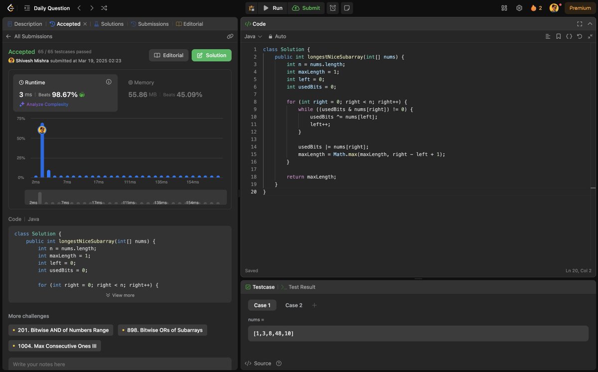 ImShiveshMishra's tweet photo. #Day94 of my #200DaysOfCode:-
✅Solved #LeetCode's #POTD "2401. #Longest Nice #Subarray" 👨🏻‍💻
Time to tackle the next challenge!
#CP #Coding #DSA #LeetCode #Learning #Tech #coder #discipline #Java #MenWhoCode #work #connect #follow #letsconnect #connection #programmer #consistency https://t.co/4lKI8TRaDK