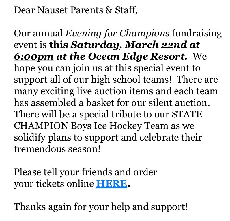 Nausetsports's tweet photo. AUCTION:  The annual Evening For Champions fundraising event is this Saturday, March 22nd @ 6:00PM at Ocean Edge Resort. Details are below, purchase your tickets today! https://t.co/HrlPs46IOV https://t.co/tPC3x6487X