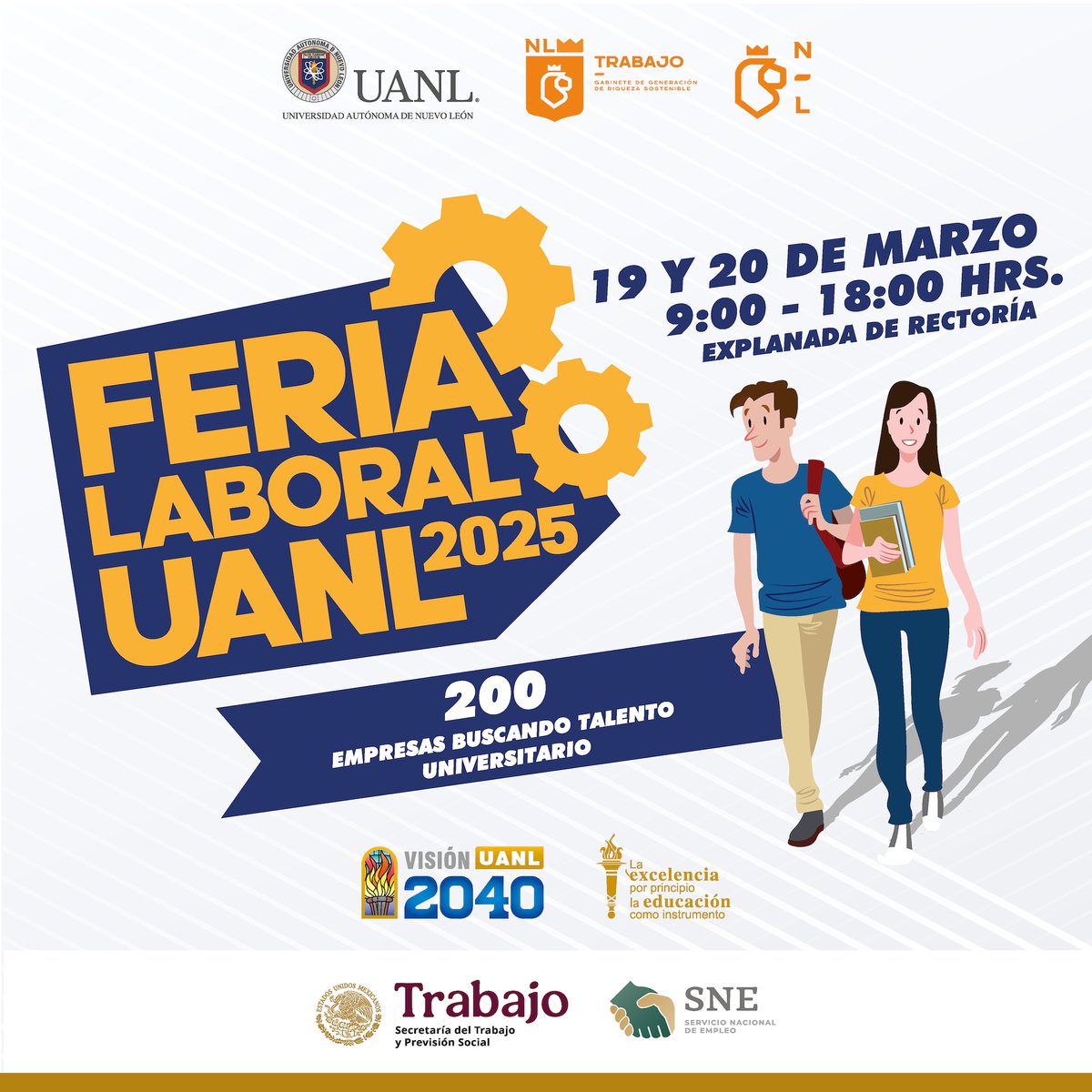 Oportunidades de empleo para profesionistas, recién egresados y estudiantes les esperan en la Feria Laboral UANL 2025  el 19 y 20 de marzo.

 ¡Realiza tu prerregistro, toma captura del comprobante y accede ambos días sin realizar filas!

Aparta tu lugar  ferias.empleo.gob.mx