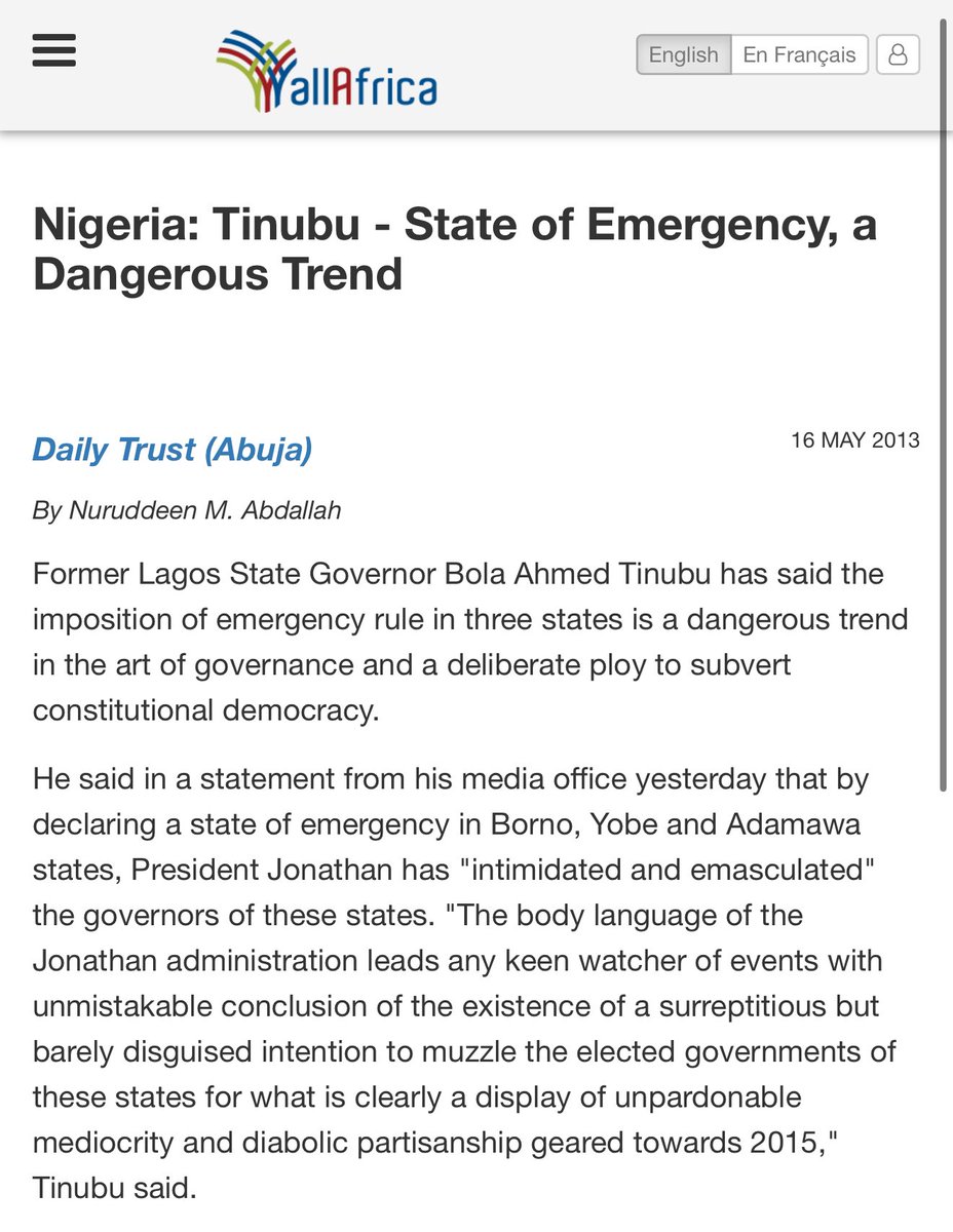 SavvyRinu's tweet image. In 2013, Tinubu said the imposition of state of emergency is a dangerous plot to subvert democracy. 👇🏿