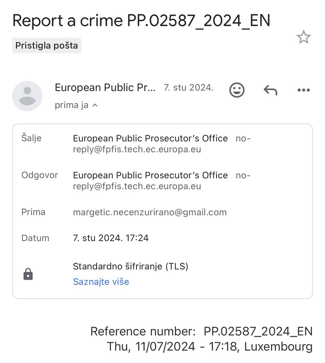 Zahvaljujem <a href="/EUProsecutor/">European Public Prosecutor’s Office (EPPO)</a> na pokretanju istrage o nenamjenskom trošenju novca na željezničkoj infrasttukturi u Srbiji i korupciji, što sam prijavio prijavom od 7.11.2024.