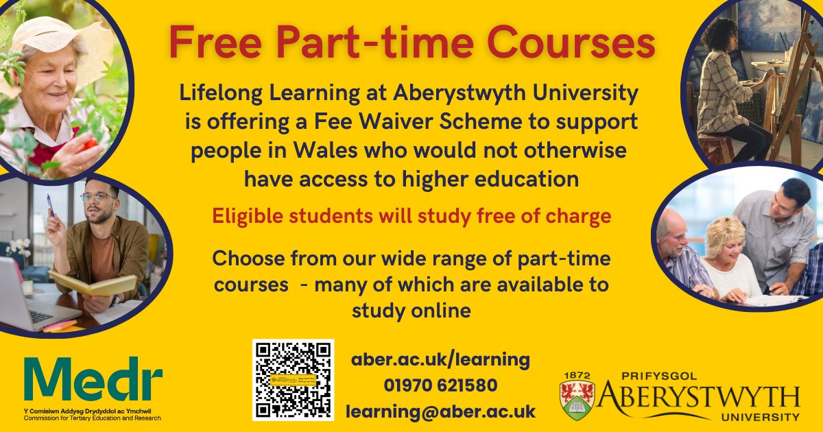 📢 Study our part-time courses FREE OF CHARGE 📢

Thanks to funding from Medr we can offer a fee waiver scheme to support adult learners in Wales.

Choose from the wide range of part-time courses, many of which are available to study online.

💻 aber.ac.uk/learning