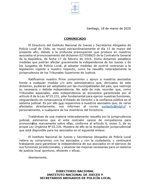 Declaración pública del <a href="/JPLNacional/">INJPL</a> respecto del dictamen de la Contraloría General de la República, de febrero pasado, que podría afectar gravemente la independencia de los Jueces y de los JPL del país al adoptar medidas de control contrarias a la legislación vigente.