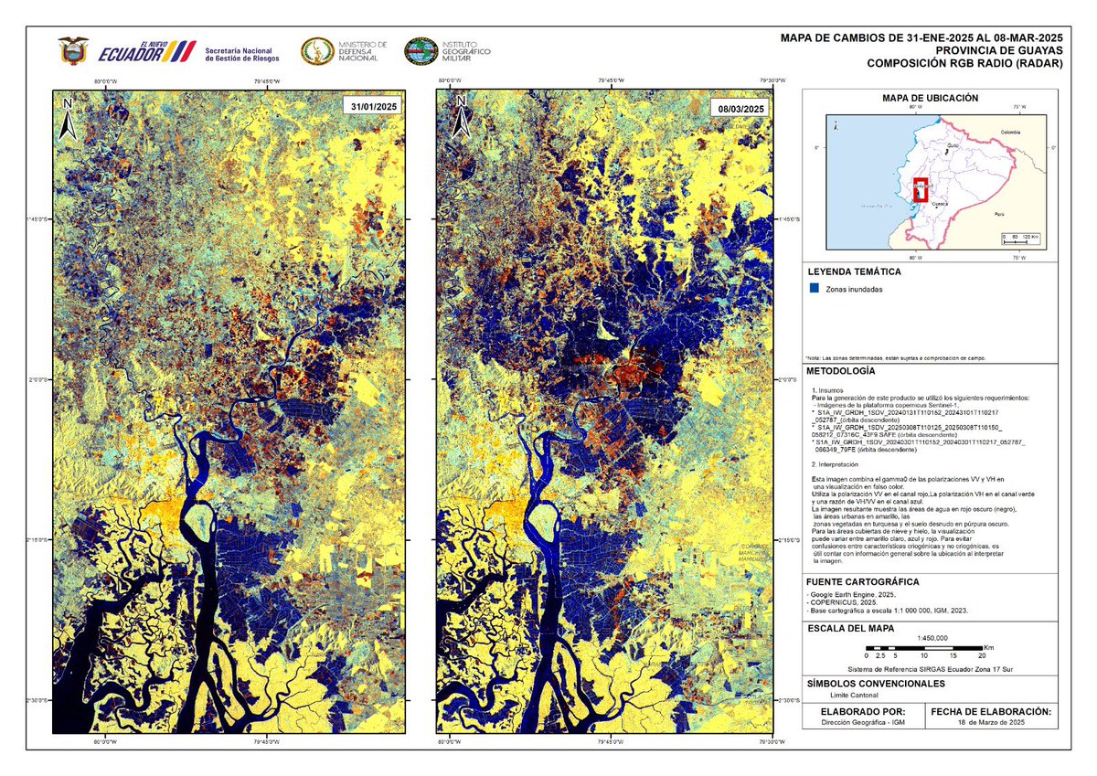 Riesgos_Ec's tweet photo. A través de la activación del Charter @DisastersChart , permite identificar las zonas inundadas en la provincia de Guayas y Los Rios. 

La imagen muestra cómo ha cambiado la situación desde el 31 de enero al 8 de marzo, con las áreas inundadas destacadas en tonalidad azul. https://t.co/aSVh2iSBRv
