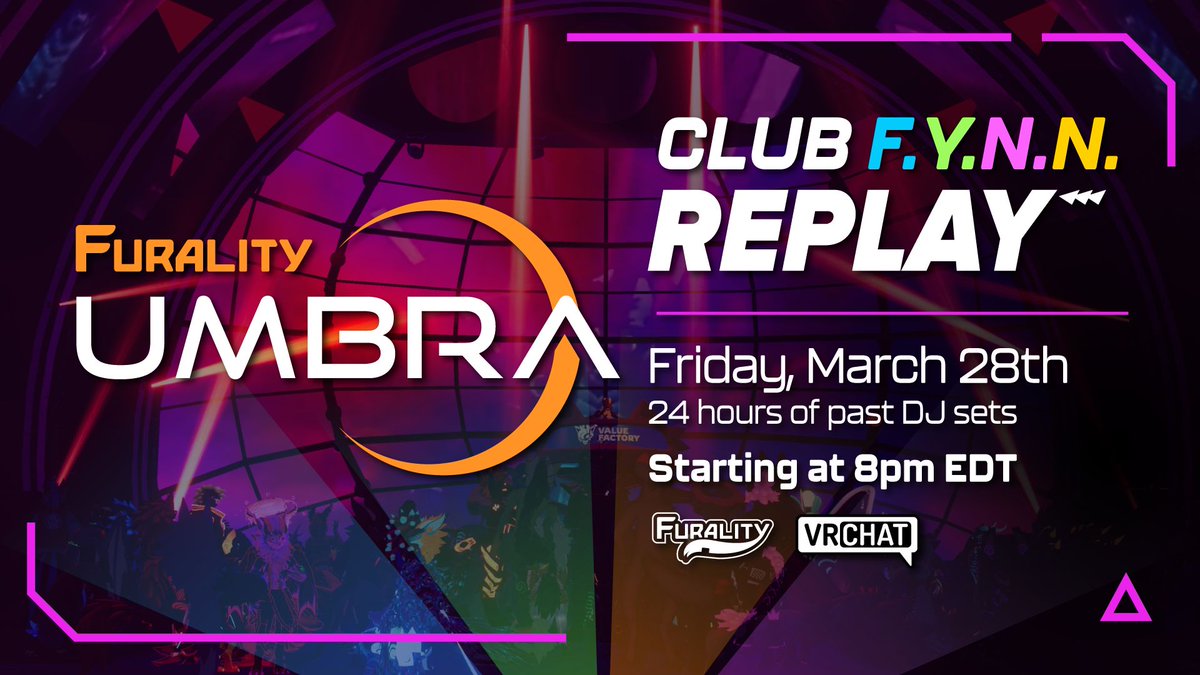 furality's tweet photo. /// LET'S HIT REPLAY. 🔁

Come relive Furality Umbra's #ClubFYNN experience, FREE for everyone to join! The party's starting March 28th, 8 pm EDT, and we're going for two days straight! 

You can join our Group+ instance or make your own. See you soon, party animals. 🎶

#VRChat https://t.co/HTAqlWN5OO