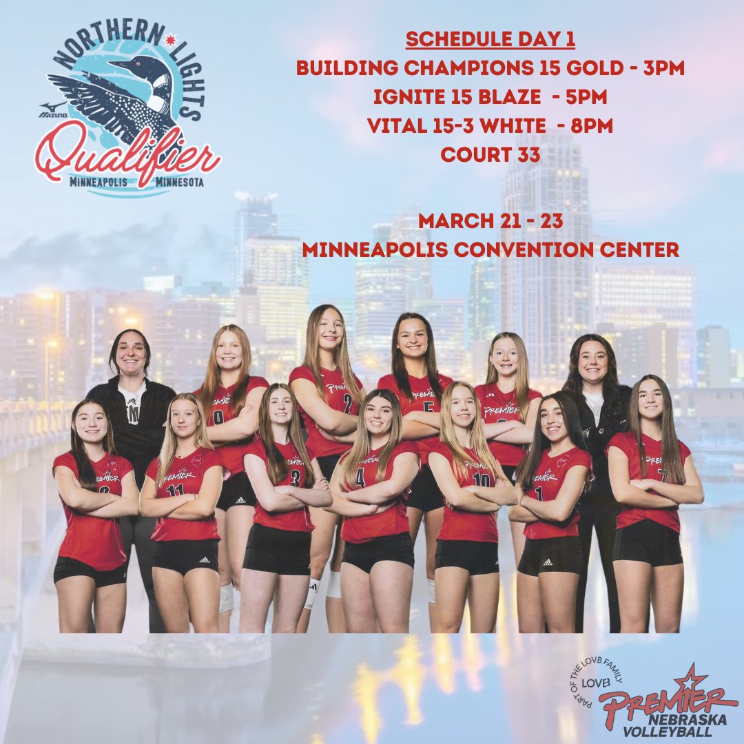 15 Silver travels this week to Minneapolis for the Northern Lights Qualifier. It is time to showcase everything you've worked on!! Let's go 15 Silver!! 🏐 💪❤️ <a href="/Premier_VB/">Premier Nebraska VB</a>