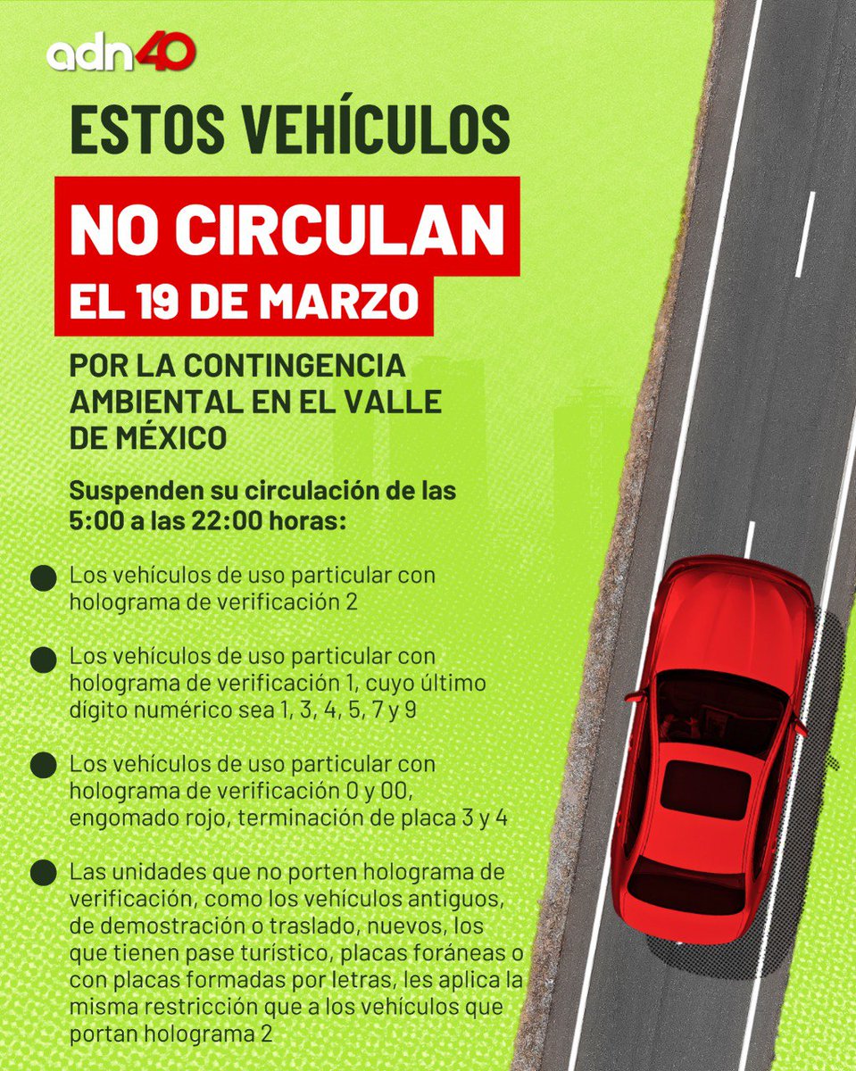 adnnoticiasmx's tweet image. 🚘💨¡Ojo! Estos automóviles no circulan MAÑANA debido a la contingencia ambiental ⚠️
