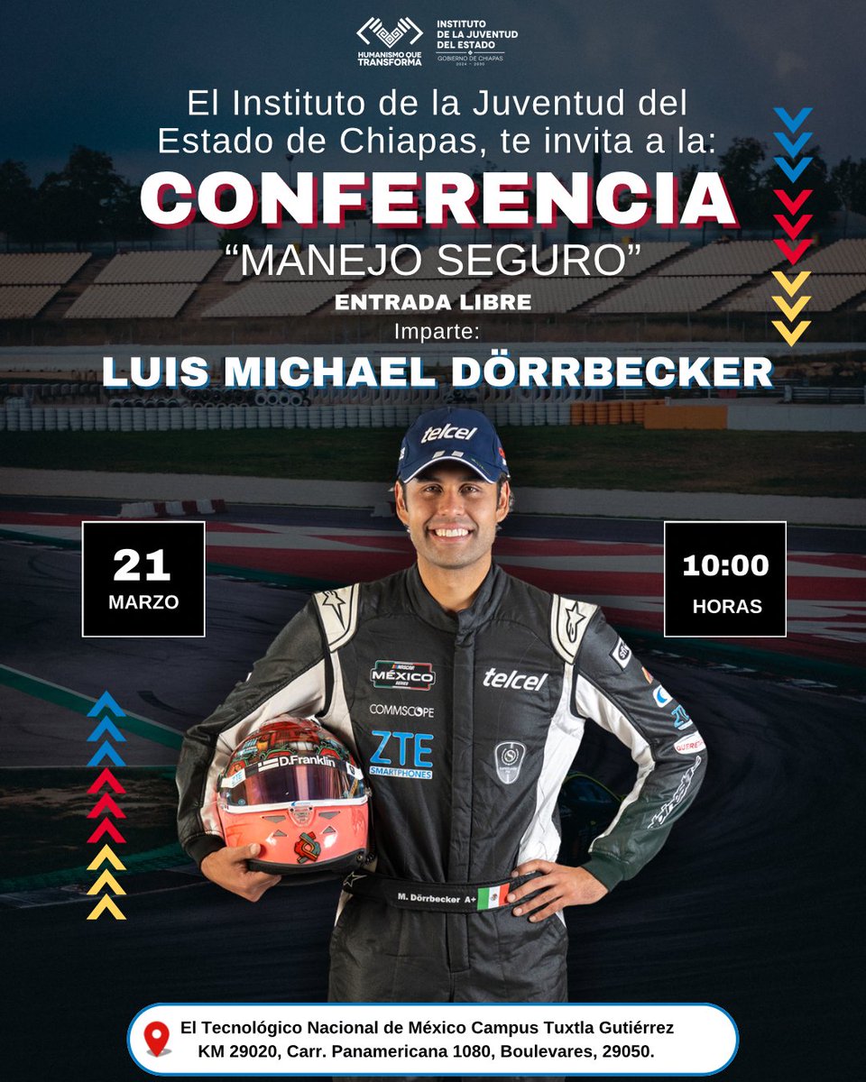 ¡Juventudes chiapanecas!
El Instituto de la Juventud del Estado de Chiapas te invita a la conferencia “Manejo Seguro”, impartida por el piloto profesional Luis Michael Dörrbecker. 
Aprende de primera mano sobre seguridad vial de este experto en las pistas.
#IJECH #NASCAR #Chiapas