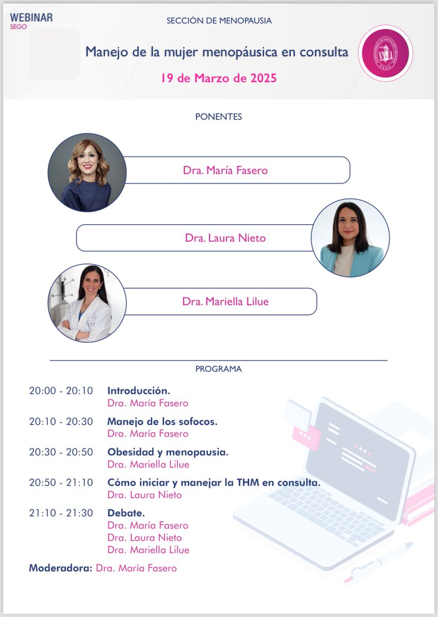 De Terapia Hormonal de la Menopausia (THM) Regulada,  hablamos mañana en el Webinar <a href="/SociedadSEGO/">Sociedad Española de Ginecología y Obstetricia</a>.

Terapia que, a diferencia de los pellets, si está regulada y avalada por las principales sociedades científicas. 

Encantada de compartir sesión con la Dra. Fasero y la Dra. Lilue