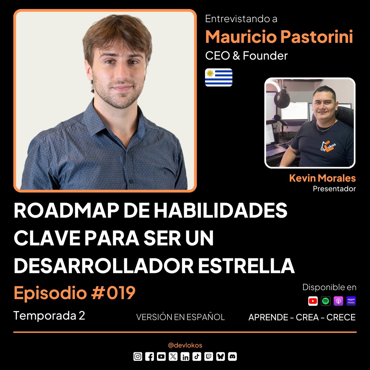 DevLokos (@devlokos) on Twitter photo ¡Episodio 18 de <a href="/DevLokos/">DevLokos</a>! 🚀 Con Mauricio Pastorini (<a href="/MauriPastorini1/">Mauricio Pastorini 💙</a> y <a href="/somnio_software/">Somnio Software</a>) desde Uruguay 🇺🇾, exploramos el roadmap de habilidades clave para destacar como desarrollador. 🗓️
Disponible 19/03, 8 p.m. 🎧 Spotify, Apple Podcast, YouTube. ¡Episodio 18 de <a href="/DevLokos/">DevLokos</a>! 🚀 Con Mauricio Pastorini (<a href="/MauriPastorini1/">Mauricio Pastorini 💙</a> y <a href="/somnio_software/">Somnio Software</a>) desde Uruguay 🇺🇾, exploramos el roadmap de habilidades clave para destacar como desarrollador. 🗓️
Disponible 19/03, 8 p.m. 🎧 Spotify, Apple Podcast, YouTube.