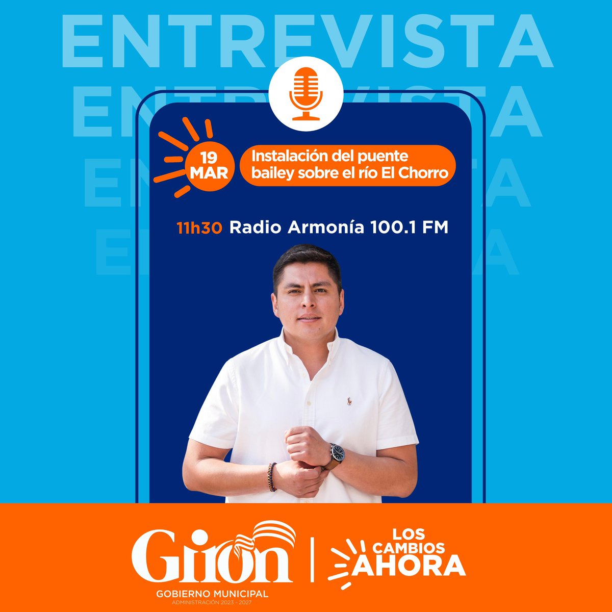 Acompáñanos en nuestra entrevista en Radio Armonía 100.1 FM.

📍Miércoles 19 de marzo de 2025 / 11h30
👉🏻Instalación del puente bailey sobre el río El Chorro

Cristian Ochoa Carchi