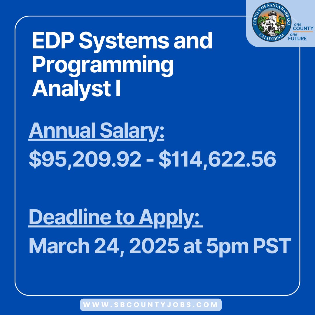 CountySBCareers's tweet image. COSB is seeking to establish 1 employment list to fill current and future Electronic Data Processing (EDP) Systems and Programming Analyst I/II vacancies in multiple depts. For more information, please visit SbCountyJobs.com. The deadline to apply is 3/24/2025 at 5pm PST.