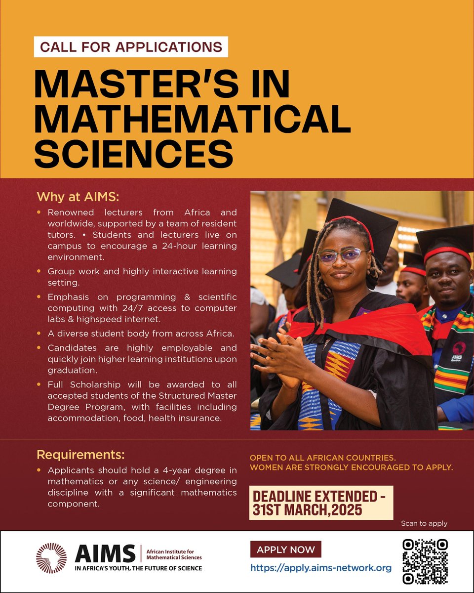 Black In Mathematics Association (BMA) (@blackinmaths) on Twitter photo Applications for <a href="/AIMS_Next/">African Institute for Mathematical Sciences (AIMS)</a> Regular & Cooperative #Msc programs are open until March 31, 2025!
Got questions? Join the weekly info sessions every Wednesday at 3:00 PM(WAT).
Apply now: apply.aims-network.org
Attend the session: forms.gle/RYVyLtardK553M…
#BMA #GradSchool #AIMS Applications for <a href="/AIMS_Next/">African Institute for Mathematical Sciences (AIMS)</a> Regular & Cooperative #Msc programs are open until March 31, 2025!
Got questions? Join the weekly info sessions every Wednesday at 3:00 PM(WAT).
Apply now: apply.aims-network.org
Attend the session: forms.gle/RYVyLtardK553M…
#BMA #GradSchool #AIMS