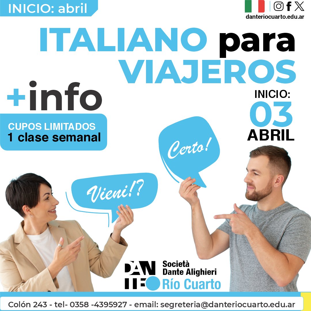 📷 Curso de italiano "Viajeros" 📷 📷 📷
Inicia en abril, un encuentro semanal, ¿te sumás?
Ti aspettiamo alla Dante!
Inscripciones ingresando a nuestro sitio web danteriocuarto.edu.ar o click en el siguiente link: bit.ly/3RnHjGt