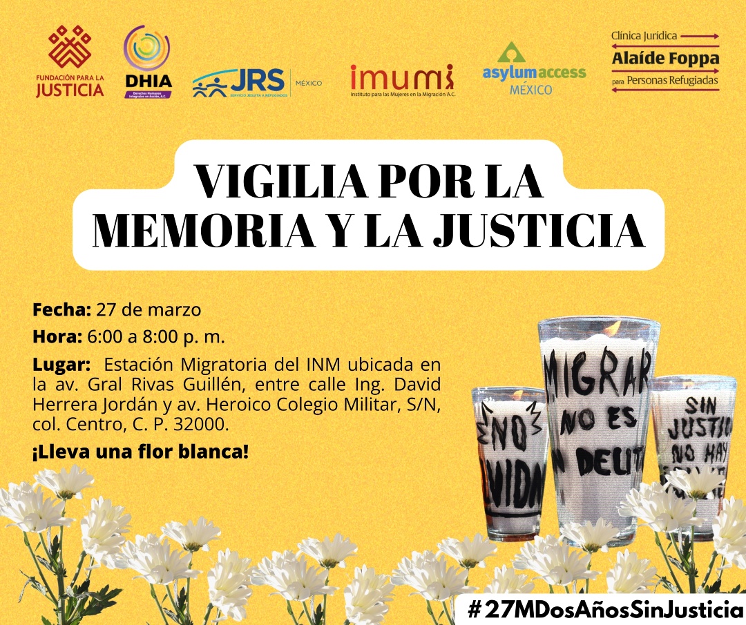 #27MDosAñosSinJusticia 

Les invitamos a acompañar a las familias de víctimas y sobrevivientes del incendio en la estancia migratoria de Ciudad Juárez para conmemorar los dos años de esta tragedia y exigir verdad, justicia y reparación.

🗓️ 27/3
▶️ f.mtr.cool/mbrgrgamfp