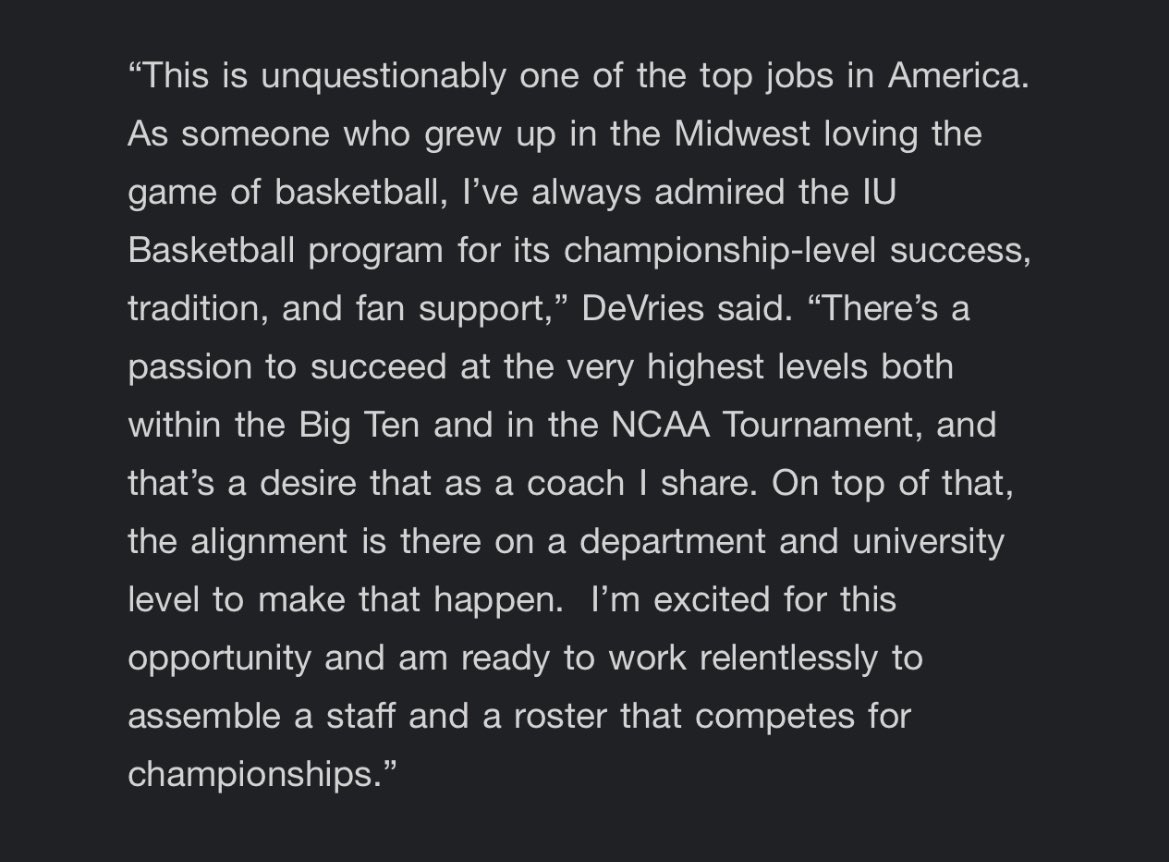 allasley's tweet photo. Statement from new #iubb head coach Darian DeVries: https://t.co/s57aBdHbqM