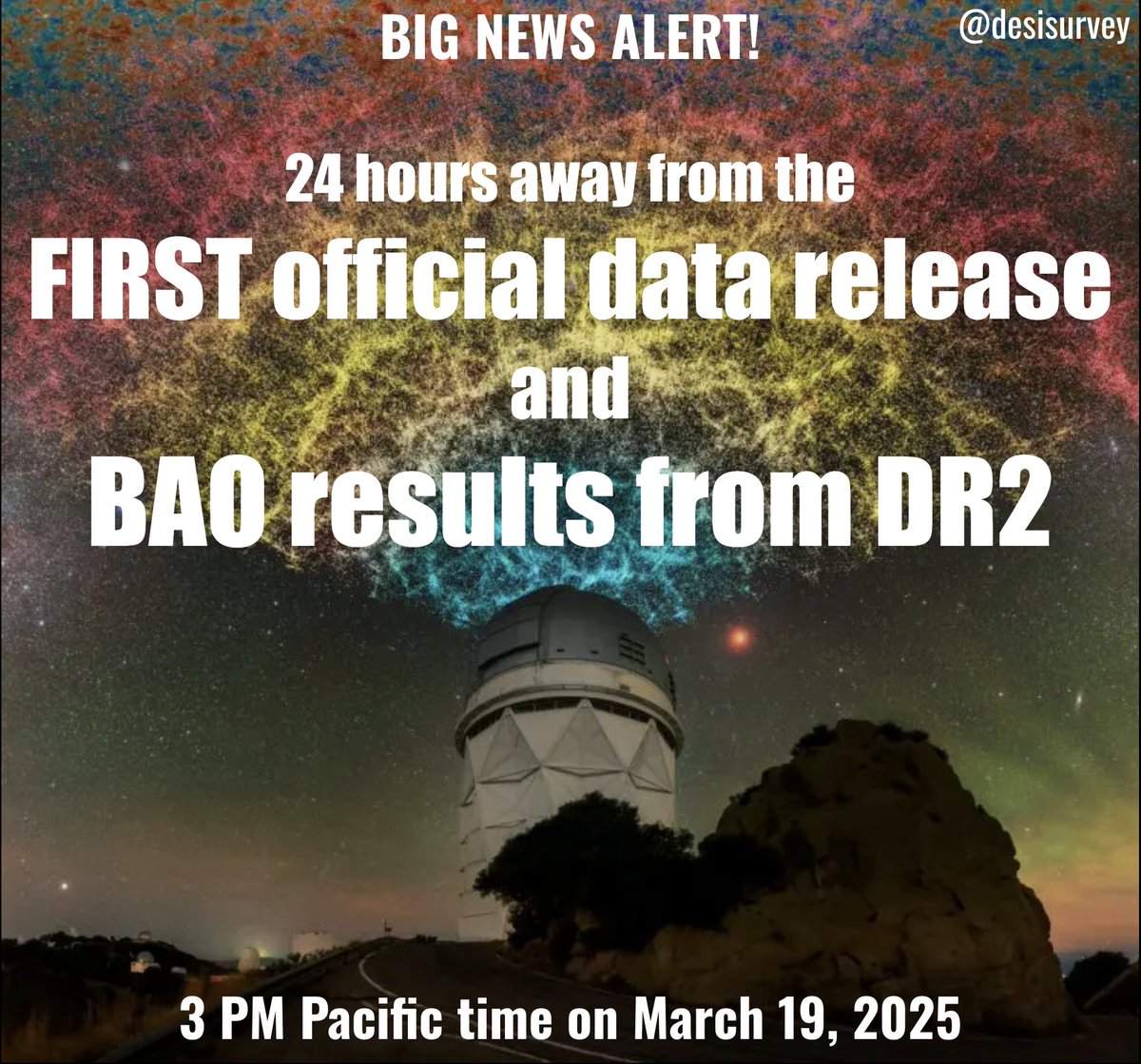 desisurvey's tweet image. 🚨 BIG NEWS ALERT! 🚨
We’re just 24 HOURS AWAY from a MAJOR DESI release! 🌉🔭
Tomorrow at 3 PM PT, DESI is unveiling DR1, our first official Data Release—the largest dataset of its kind, packed with information on 18.7 million galaxies, quasars, and stars! But that’s not all…