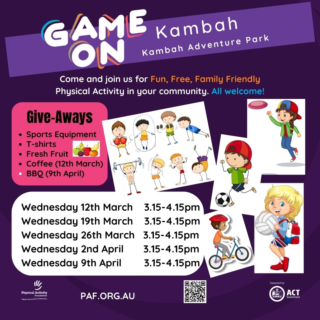 It's Game On this Term in Kambah. This is a FREE, Fun , Family Friendly Community Event- get involved! #Canberra #GameOn #FAMILIES