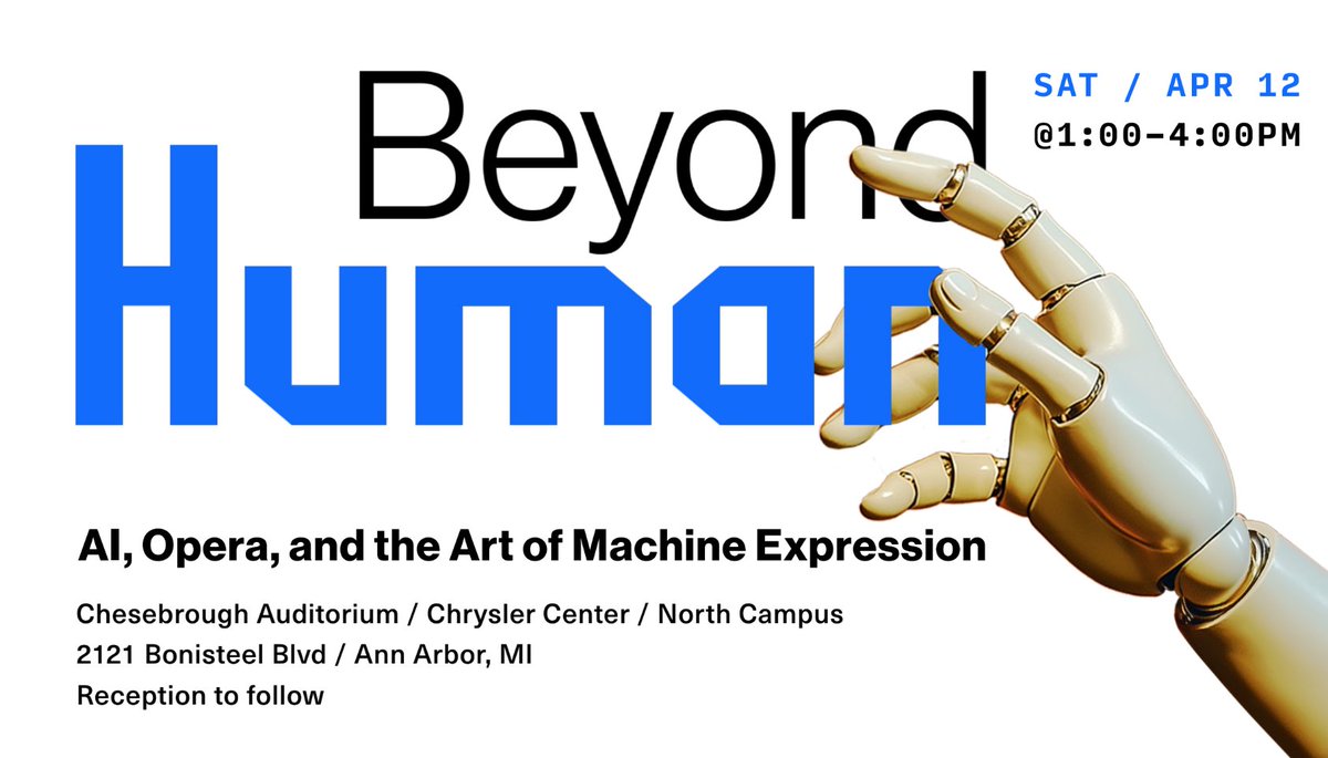 MichiganAI (@michigan_ai) on Twitter photo 🎭🤖Looking for a great event to attend on SATURDAY?
Join us for the "Beyond Human: AI, Opera, and the Art of Machine Expression" symposium!
Collaboration w/ <a href="/UMRobotics/">Michigan Robotics</a>, <a href="/umichsmtd/">U-M School of Music, Theatre & Dance</a> & Detroit Opera (world-premiere production of Così fan tutte)
Register: cart.detroitopera.org/5130/5131 🎭🤖Looking for a great event to attend on SATURDAY?
Join us for the "Beyond Human: AI, Opera, and the Art of Machine Expression" symposium!
Collaboration w/ <a href="/UMRobotics/">Michigan Robotics</a>, <a href="/umichsmtd/">U-M School of Music, Theatre & Dance</a> & Detroit Opera (world-premiere production of Così fan tutte)
Register: cart.detroitopera.org/5130/5131