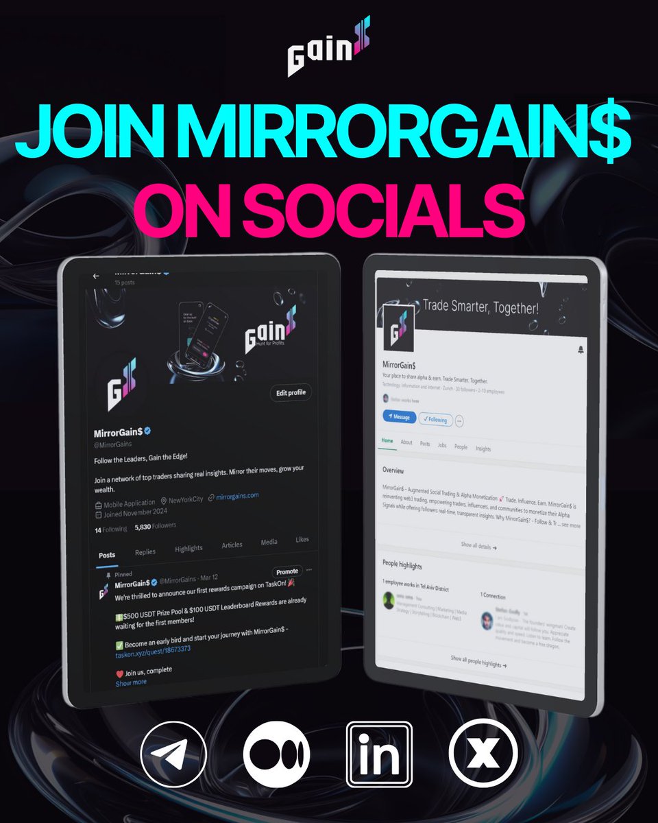 Join MirrorGain$ on all socials! ✅

We created unique content and user experience for each social page.

Get ready for:
🃏Best memes on X
🔊Latest updates on Telegram
📰More news on LinkedIn and Medium
🫂Discord coming soon!

⛓ Make sure to follow - you don't want to miss