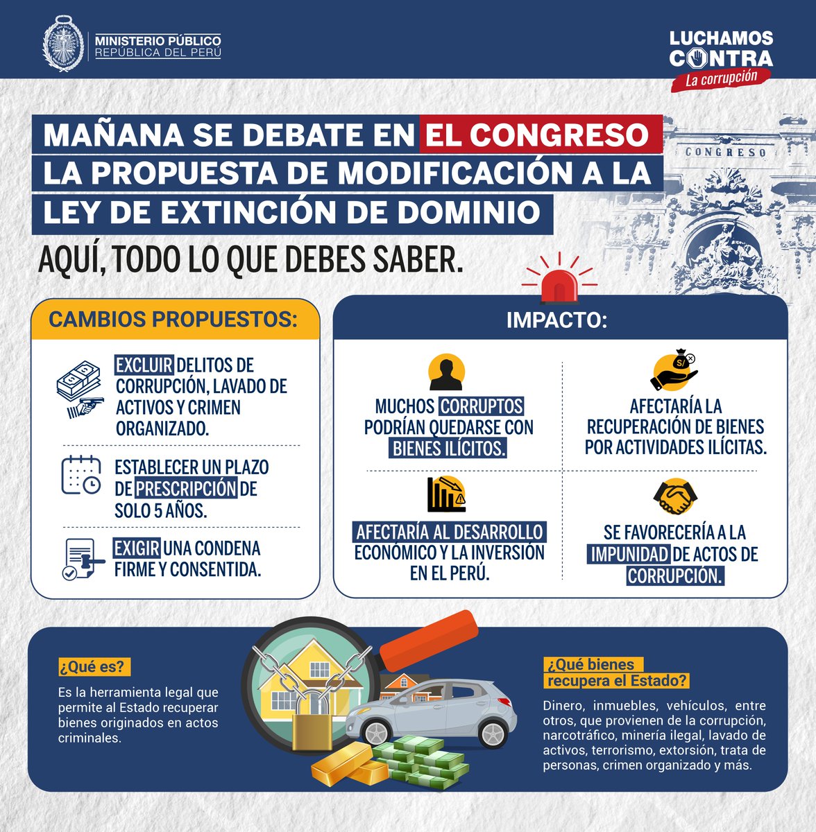 📢 ¡Atención! Mañana en el Congreso se debatirán los cambios que proponen a la Ley de Extinción de Dominio. #InfórmateBien