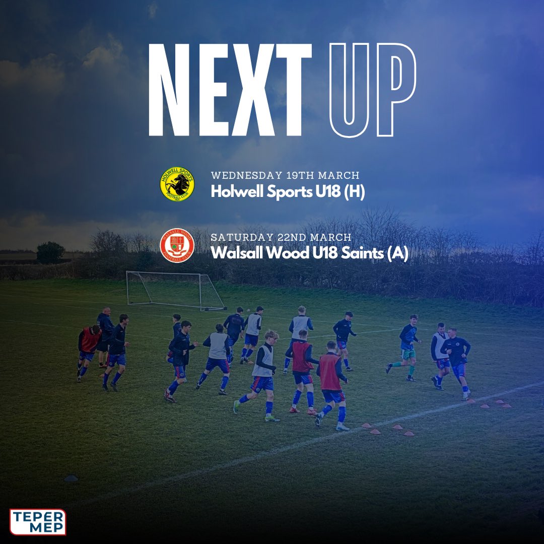 The lads are back at the NFU tomorrow night in the midweek, as they take on Holwell Sports U18. 

They are then back on the road in the MJPL to play Walsall Wood U18 Saints. 🔵⚪️