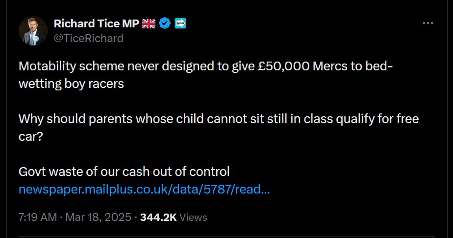dave lawrence 🐟🐟🐠 (@dave43law) on Twitter photo This is how an MP refers to disabled people on Motability
Is this the Reform position <a href="/Nigel_Farage/">Nigel Farage MP</a>
If not are you going to take action against him for the extreme disrespect shown to constituents.
Or will you do nothing like the weak Leader you are This is how an MP refers to disabled people on Motability
Is this the Reform position <a href="/Nigel_Farage/">Nigel Farage MP</a>
If not are you going to take action against him for the extreme disrespect shown to constituents.
Or will you do nothing like the weak Leader you are