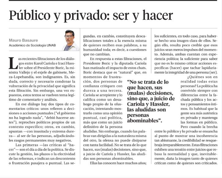 PhdTecsa (@phdtecsa) on Twitter photo 📰 El Dr. Mauro Basaure, Director del Doctorado en TECSA de la <a href="/uandresbello/">U. Andrés Bello</a>, analiza en La Segunda las filtraciones políticas y sus implicancias para la confianza pública y la crítica. Lee aquí la columna completa. 📰 El Dr. Mauro Basaure, Director del Doctorado en TECSA de la <a href="/uandresbello/">U. Andrés Bello</a>, analiza en La Segunda las filtraciones políticas y sus implicancias para la confianza pública y la crítica. Lee aquí la columna completa.