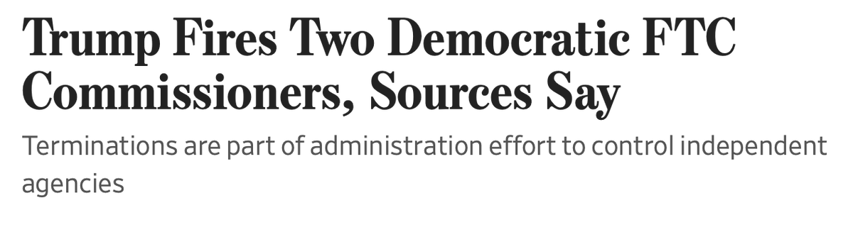 amyklobuchar's tweet image. This is outrageous. The FTC has carried out its mission of protecting consumers and taking on monopolies in a bipartisan way for more than 110 years. Illegally gutting the Commission empowers fraudsters and monopolists, and consumers will pay the price.