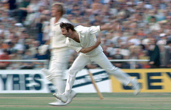 A superb Patrick Eagar picture of Dennis Lillee bowling, England v Australia, Leeds, August 14th 1975