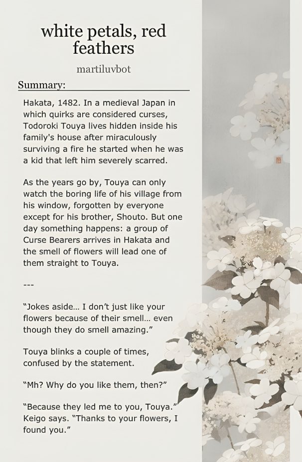 keigoluvbot's tweet photo. white petals, red feathers

⇢ toukei fic
⇢ historical au
⇢ 183.1k words

🔗: https://t.co/Zx8bbrMGZT https://t.co/rdlwCVgcT3