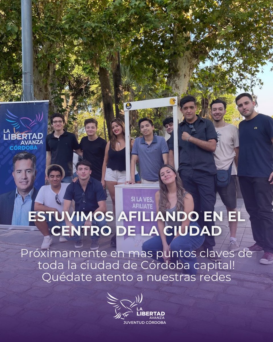 🦁 | ¡CÓRDOBA SIGUE RUGIENDO!

Desde la Plaza San Martín, seguimos sumando afiliados y haciendo crecer La Libertad Avanza en la provincia.

De la mano del diputado Bornoroni y la juventud, el cambio es imparable.

🔗 Sumate: lalibertadavanza.com.ar/sumate