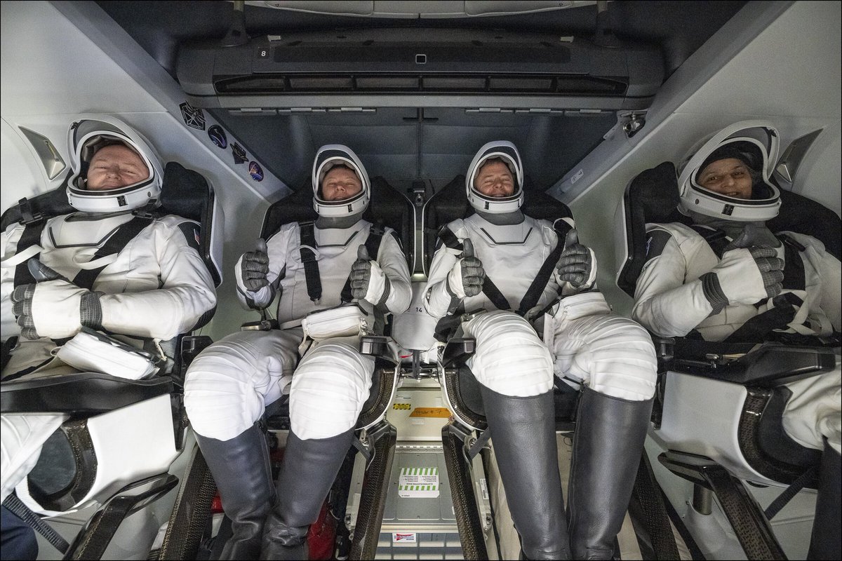 Nick Hague, Suni Williams, Butch Wilmore, and Roscosmos cosmonaut Aleksandr Gorbunov are seen inside their <a href="/SpaceX/">SpaceX</a> Dragon spacecraft after splashing down off the coast of Tallahassee, Florida. Welcome home all the astronauts.