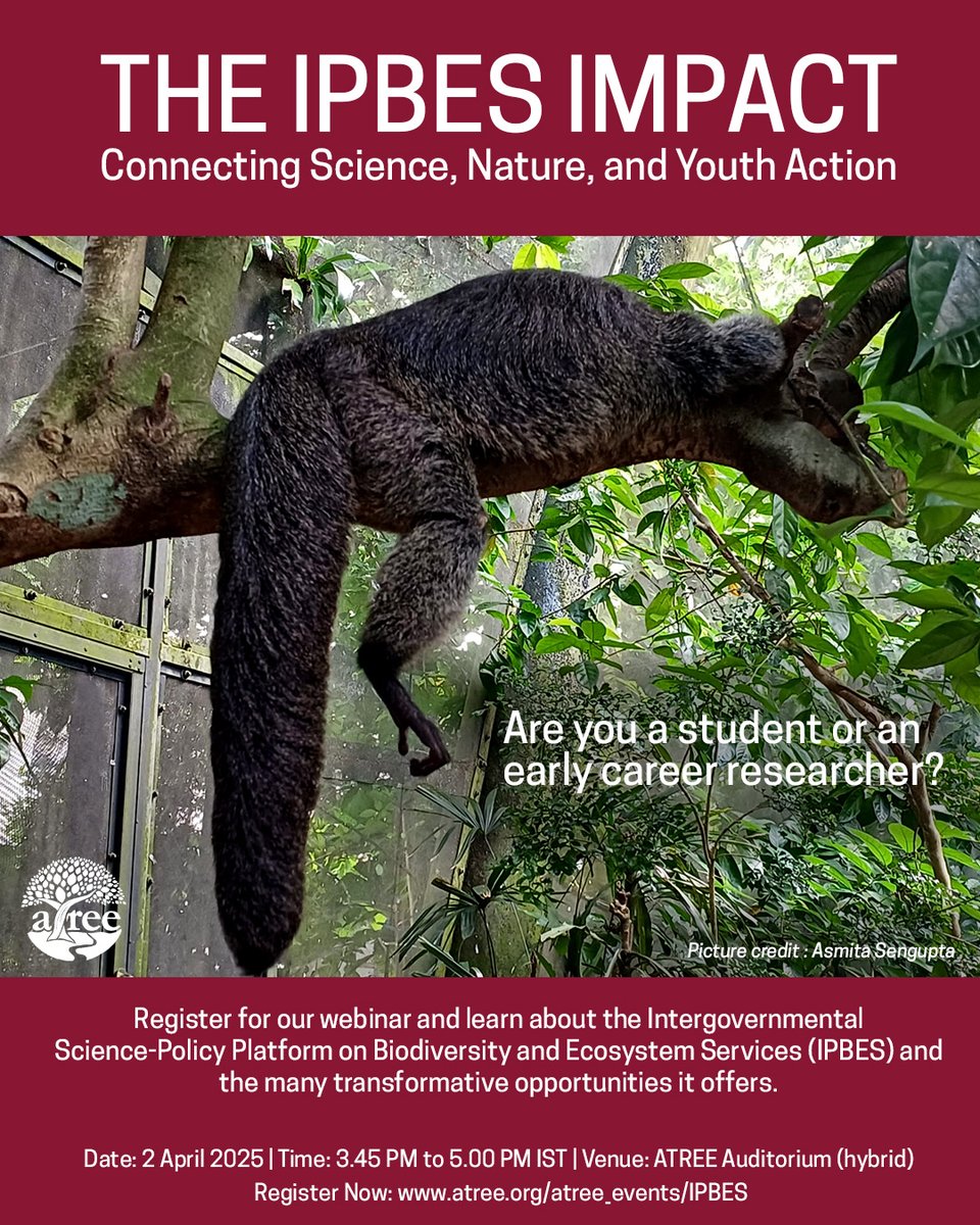 atree_org's tweet photo. Are you interested in creating a fair and sustainable world for everyone? The Intergovernmental Science-Policy Platform on Biodiversity and Ecosystem Services (IPBES) offers valuable resources and opportunities for you.

IPBES serves as a bridge between science and policy, emphasising the need to conserve and sustainably use biodiversity, while ensuring long-term human well-being and sustainable development.

Register for our webinar to learn more from and interact with IPBES fellows from India. Feel free to join us at the ATREE Auditorium or online.

Register Now - https://t.co/5PwoB05dAZ

#Sustainability #Biodiversity #EcosystemServices #IPBES #Conservation #SustainableFuture #ClimateAction #EnvironmentalAwareness #SciencePolicy #NatureConservation #EcoFriendly #WildlifeProtection #SustainableDevelopment #SaveOurPlanet #GreenFuture