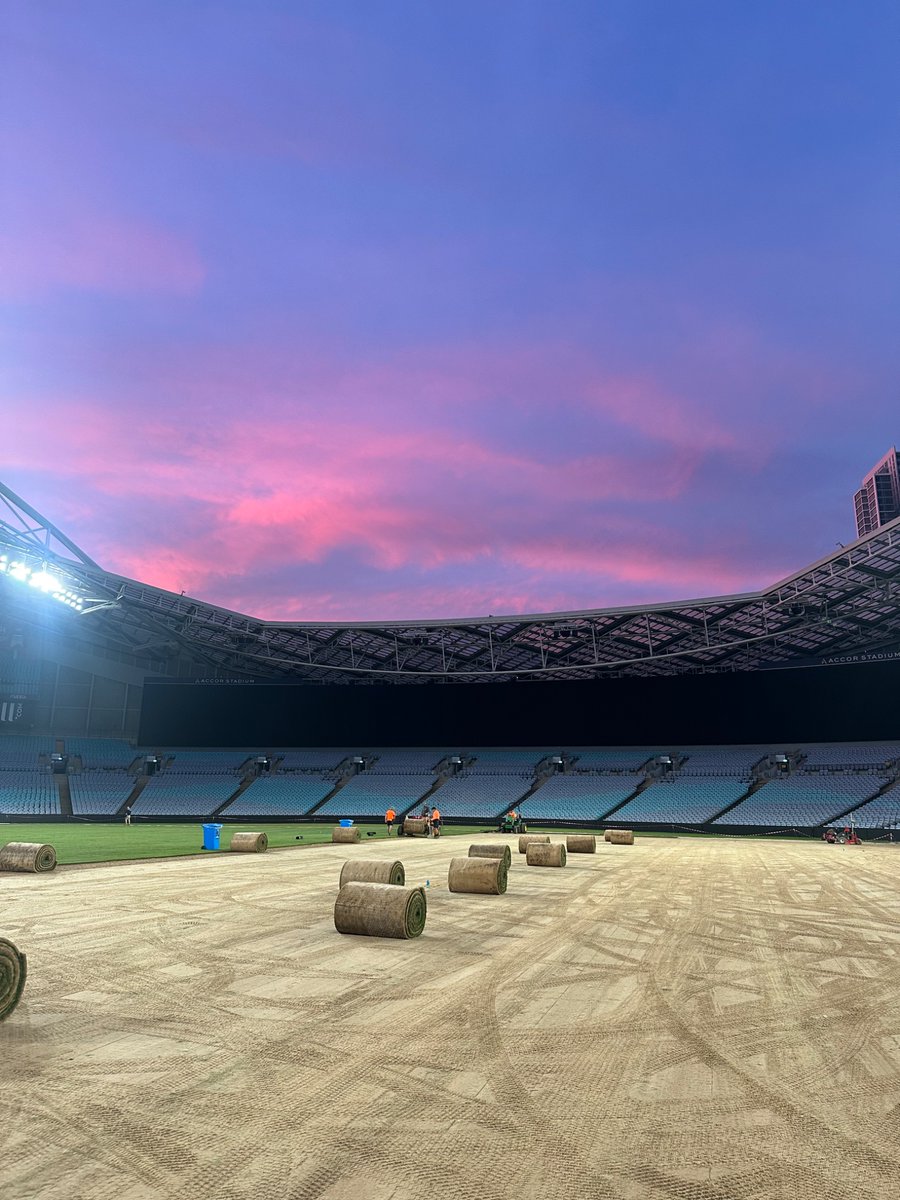 poinsettturf's tweet photo. Beautiful start to the morning here in Sydney!  1 more day and Accor Stadium will be ready to go with a new Martrix field.  Thanks to our friends at Evergreen Turf Australia for the invite.  @WinsteadMatrix https://t.co/HcAuIwe706