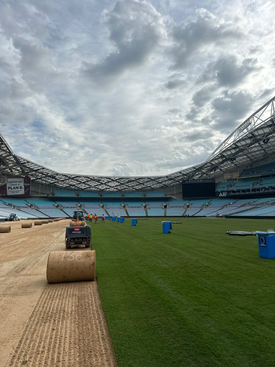 poinsettturf's tweet photo. Beautiful start to the morning here in Sydney!  1 more day and Accor Stadium will be ready to go with a new Martrix field.  Thanks to our friends at Evergreen Turf Australia for the invite.  @WinsteadMatrix https://t.co/HcAuIwe706