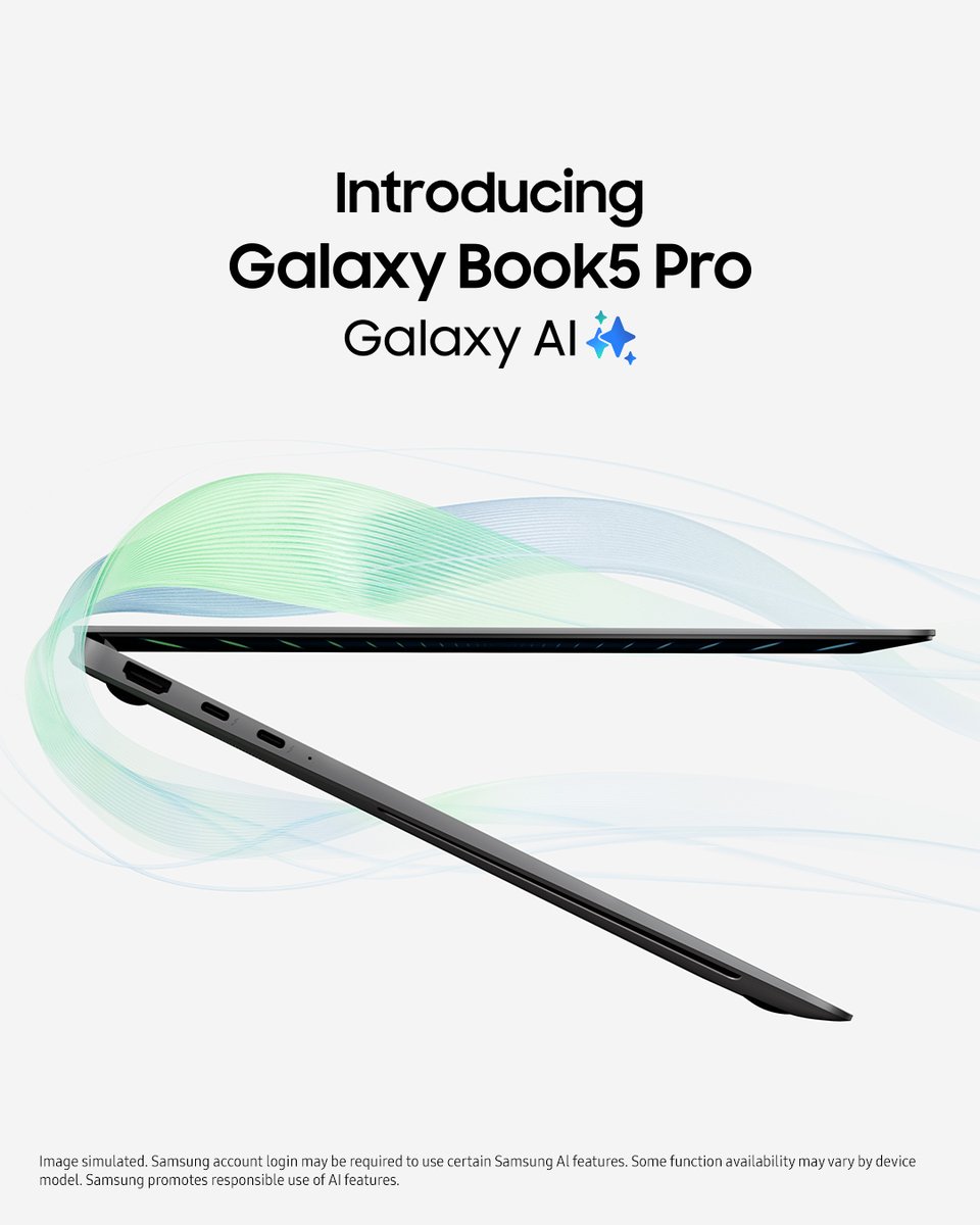 SamsungIndia's tweet photo. The new #GalaxyBook5Pro is here to power your success. With #GalaxyAI, a lightning-fast Intel®Core™ Ultra processor and all-day battery life, it’s the ultimate Copilot+ PC for productivity and creativity on the go. 
Pre-book now: https://t.co/tud3a7bFoD

#GalaxyBook5 #Samsung https://t.co/GFO6iUxmzu