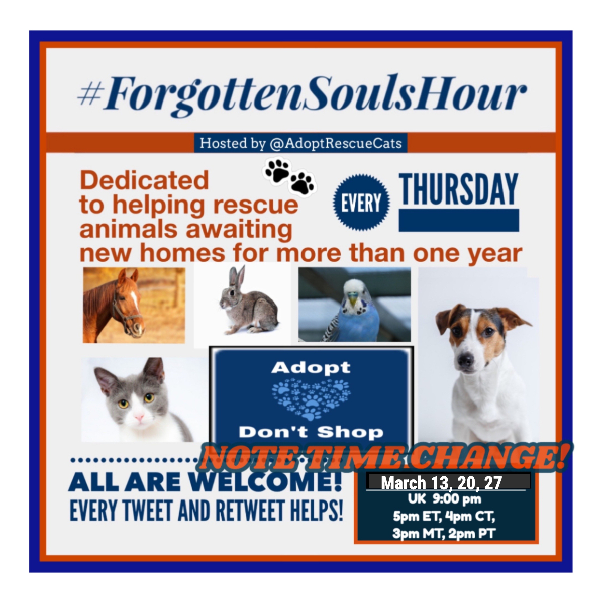 AdoptRescueCats's tweet photo. 🐶💟🐱 Help homeless #pets with a RT! The #forgottensoulshour tweets &amp; RT's rescue #animals waiting for a home for over a year.

For Thurs March 27 only:

UK:  9 pm
US: 5pm ET, 4CT, 3MT, 2PT (an hour later than usual)

All are welcome &amp; all RT’s appreciated!
#adopt #dogs #cats https://t.co/VE8ZdfKzmo