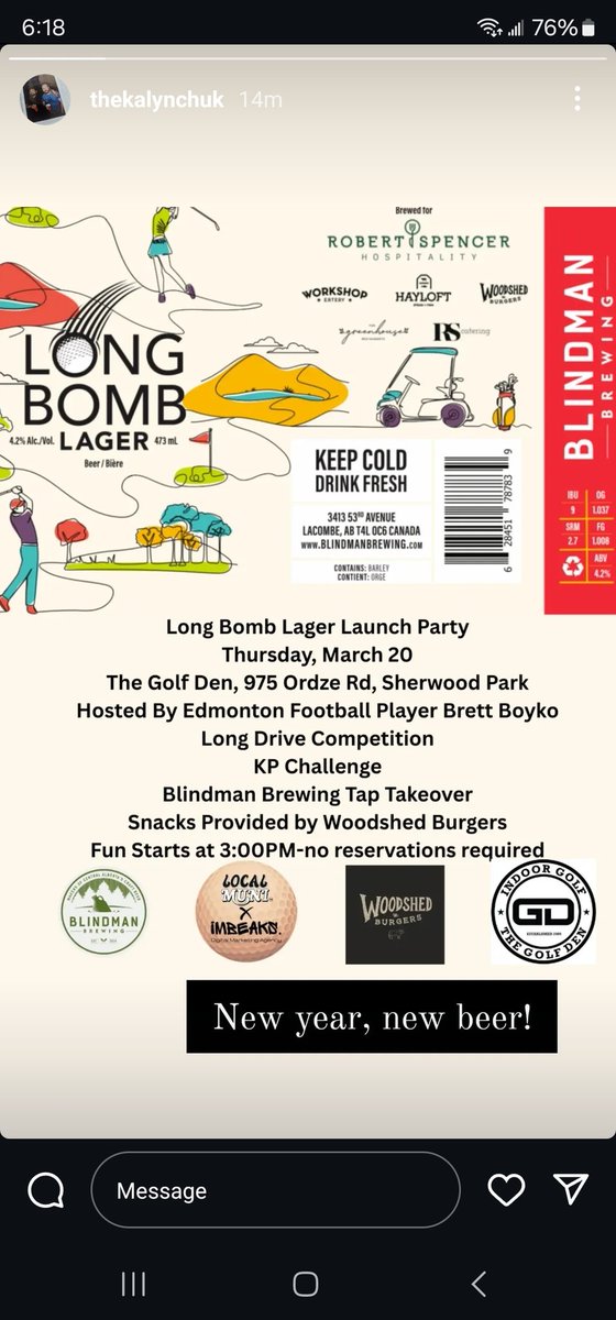 yourlocalmuni's tweet photo. We’re over the moon to join the Long Bomb Lager Launch Party this Thursday, March 20, at The Golf Den, 975 Ordze Rd, Sherwood Park! 

Hosted by Edmonton’s Brett Boyko, this event is packed with excitement—don’t miss the Long Drive Competition and KP Challenge! 

Big thanks to our partners: @blindmanbrewery for the tap takeover, @thegolfden for the venue, @thegreenhouseyeg for the energy, @woodshedburgers for tasty burgers, and @blindmanbrewery for the amazing lager! 

Starts at 3:00 PM—no reservations required. See you there! 🎉🍔

#LongBombLager #GolfCompetition #LongDriveChallenge #KPChallenge #SherwoodParkGolf #EdmontonEvents #GolfCommunity #CraftBeerLovers #BlindmanBrewing #TheGolfDenSherwood #WoodshedBurgers #TheGreenhouseEdmonton #LocalMuni #GolfAndBeer #MunicipalGolf