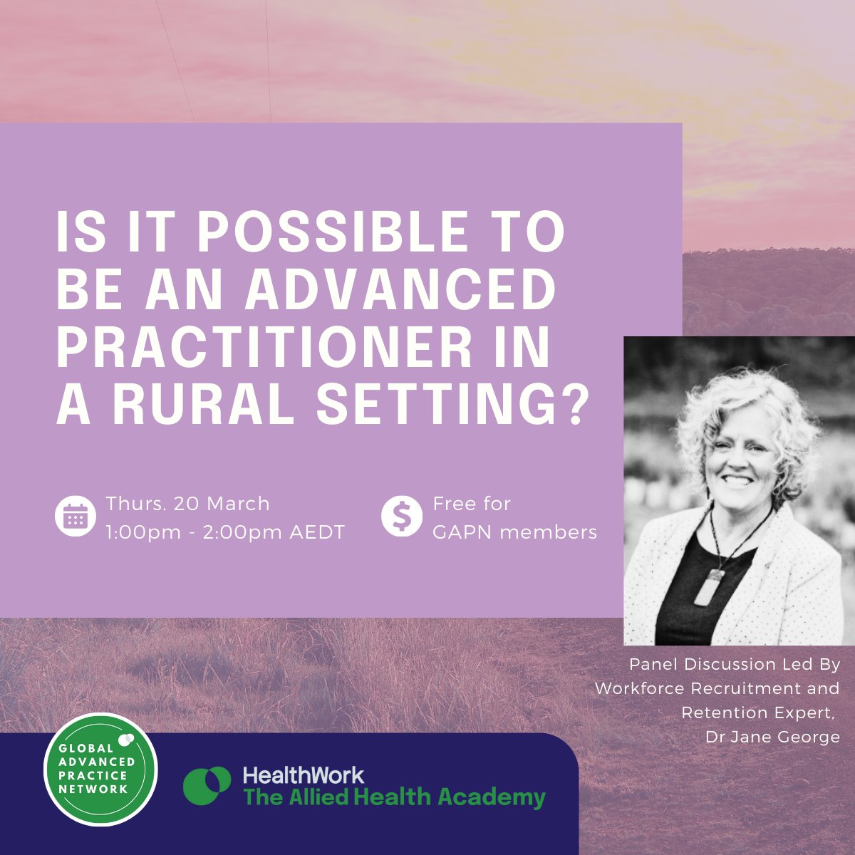 Join the GAPN for an exclusive webinar TOMORROW led by Dr Jane George to explore: Is it possible to be an #AdvancedPractitioner in a rural setting? ...or is #AdvancedPractice a city-only privilege? 

GAPN members, RSVP here: loom.ly/wXwMSjc

#GAPS2025 #GAPN #AlliedHealth