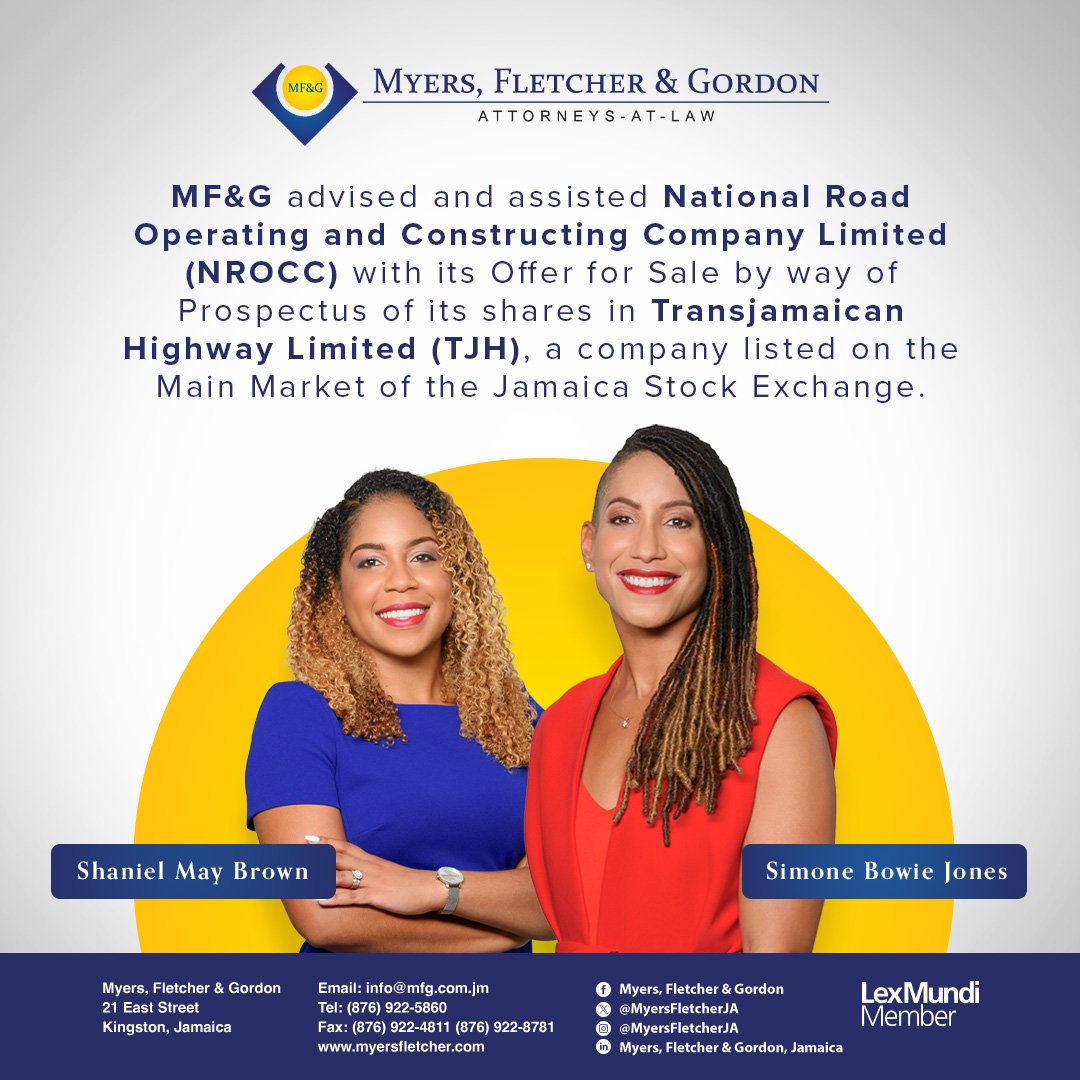 MyersFletcherJA's tweet photo. MF&amp;G is pleased to have been a part of the "Own Di Road" campaign for NROCC's offer for sale of its shares in TJH #CorporateLaw #CapitalMarkets #ListedSecurities #JamaicaStockExchange #ClientFocused https://t.co/fPGXVXHTpf