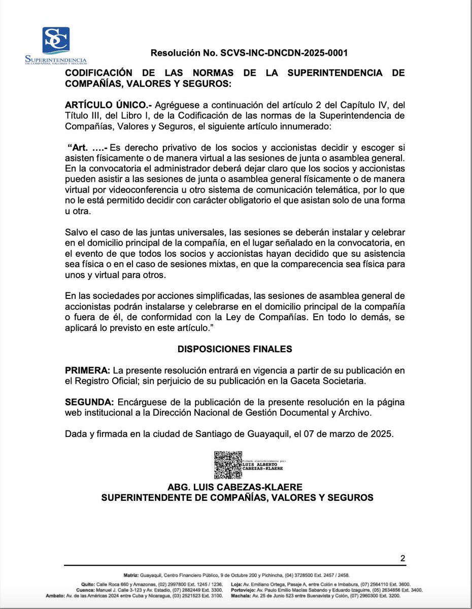 MUNOZROMANNYCIA's tweet photo. ¡Flexibilidad para las empresas ecuatorianas! Nueva resolución de la @SuperintendenciaEc permite a socios/accionistas elegir entre asistencia física o virtual a juntas. #DerechoSocietario #Ecuador #Empresas https://t.co/t0zPTvd4DV