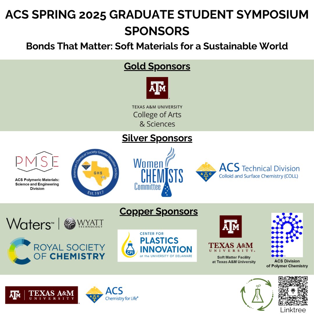 tamugsspc's tweet image. A HUGE thank you to our sponsors for their generous support of the ACS Spring 2025 Graduate Student Symposium! We are grateful for the partnership and commitment to advancing sustainable soft materials. Thank you for all of your support! #thankyou #acs #sustainability #gsspc