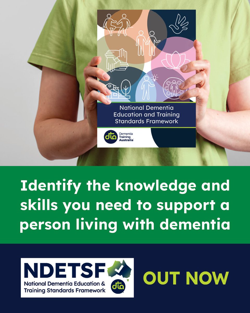 Dementia Training Australia (@dementiatrainau) on Twitter photo The National Dementia Education and Training Standards Framework is out now! Download your free copy 🚀
The Framework will strengthen and grow a high-quality aged and health care workforce in dementia care, commissioned by <a href="/healthgovau/">Australian Dept of Health, Disability and Ageing</a>
Download: dta.com.au/ndetsf
#NDETSF The National Dementia Education and Training Standards Framework is out now! Download your free copy 🚀
The Framework will strengthen and grow a high-quality aged and health care workforce in dementia care, commissioned by <a href="/healthgovau/">Australian Dept of Health, Disability and Ageing</a>
Download: dta.com.au/ndetsf
#NDETSF